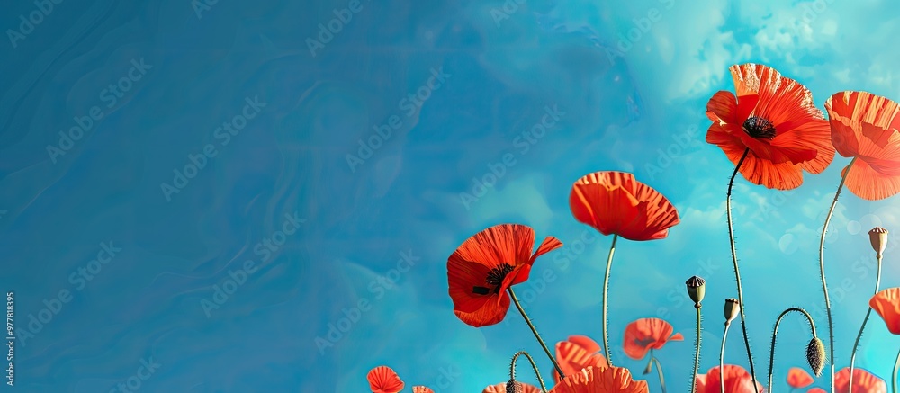 Wall mural red poppies against a blue sky backdrop. copy space image. place for adding text and design
