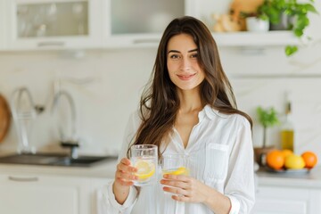Woman holding glass of lemon water in white kitchen, fresh and healthy morning scene.