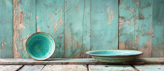 Vibrant empty dish set against a weathered wooden desk backdrop. Copy space image. Place for adding text and design