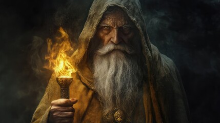 An Elderly Man With A Long White Beard Holding A Flaming Torch