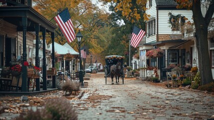 Fototapeta premium Quaint Small Town Columbus Day Celebration with Horse-Drawn Carriage and American Flags