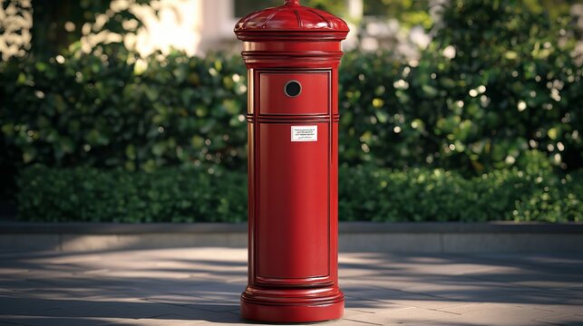 Exquisitely detailed model of an iconic British red postbox rendered in three dimensions. The mailbox features the traditional pillar box design with its distinctive curved top, cylindrical body
