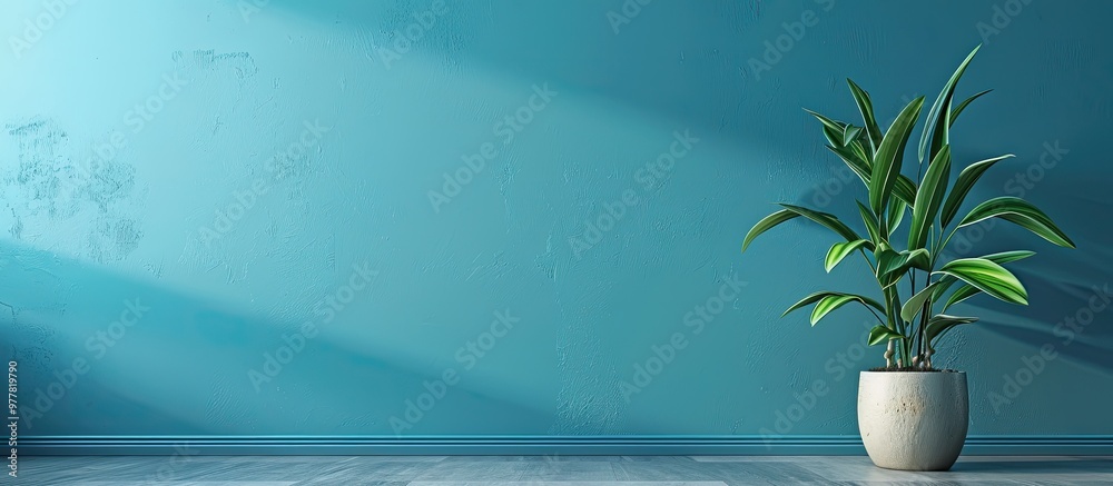 Wall mural plant in front of a blue wall background with copy space