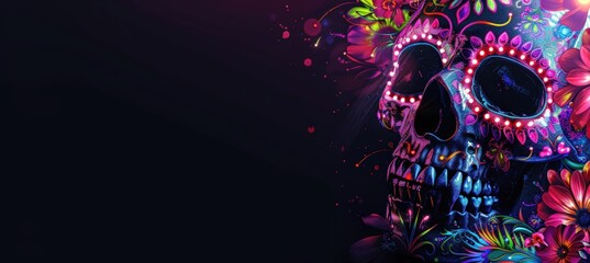 Neon Floral Sugar Skull with Glowing Patterns for Contemporary Design or Advertising