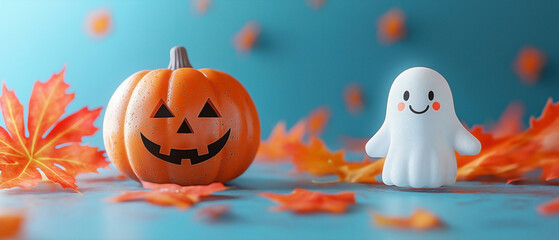 A playful Halloween-themed scene featuring a cute ghost, an orange maple leaf, and a pumpkin with a carved smiling face