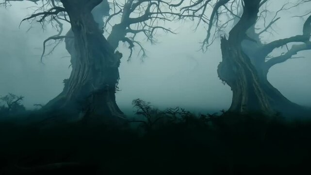Foggy, eerie forest scene with twisted, leafless trees under a greenish hue