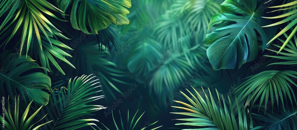 Poster palm leaves in the rainforest gorgeous tropical backdrop web banner. copy space image. place for add