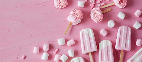Popsicle shaped cake pops and marshmallows on a pink backdrop. Copy space image. Place for adding text and design
