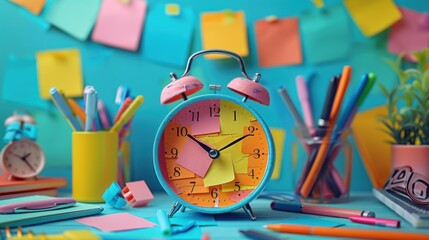 Brightly colored clock sitting on desk with office supplies and sticky notes