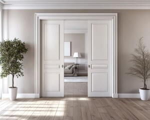 3D Rendered Classic Interior with White Sliding Doors and Wood Paneling
