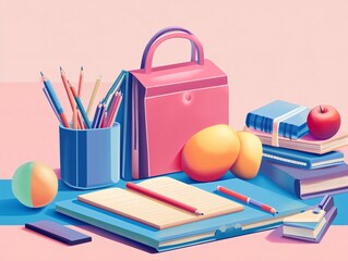 Colorful illustration featuring school supplies on a desk, evoking the back-to-school season with its vibrant and playful aesthetic