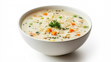 A bowl of milk-based soup with noodles and vegetables, isolated on a clean white background for a modern and minimalist feel