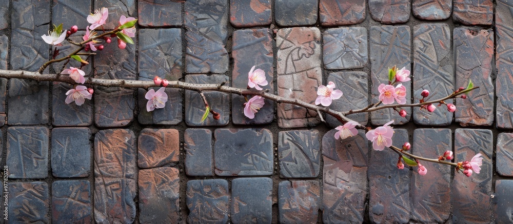 Poster a branch of a flowering tree rests on a brick tile pathway spring theme. copy space image. place for