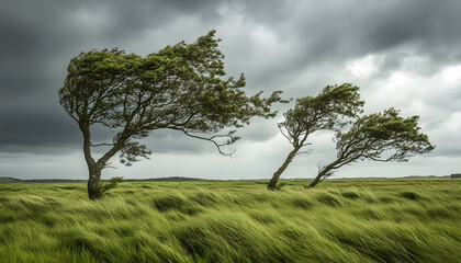 An open grassy field with wind blown trees on a cloudy day