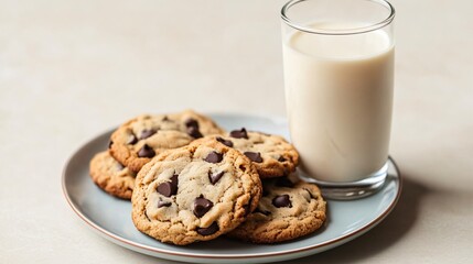 A glass of cold almond milk with a plate of vegan chocolate chip cookies, isolated on a pale cream background for a fresh look