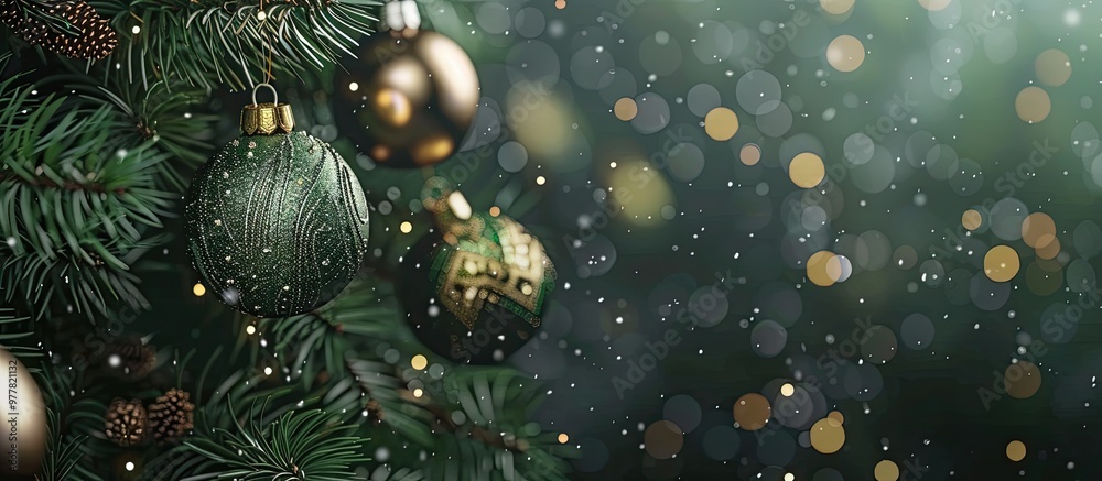 Wall mural christmas ornaments on the christmas tree. copy space image. place for adding text and design