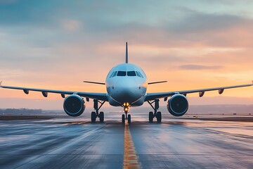 Naklejka premium Commercial Airplane Taxiing on Runway at Sunset
