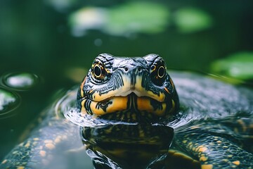 Close up of a turtle's face in a pond, looking directly at the camera