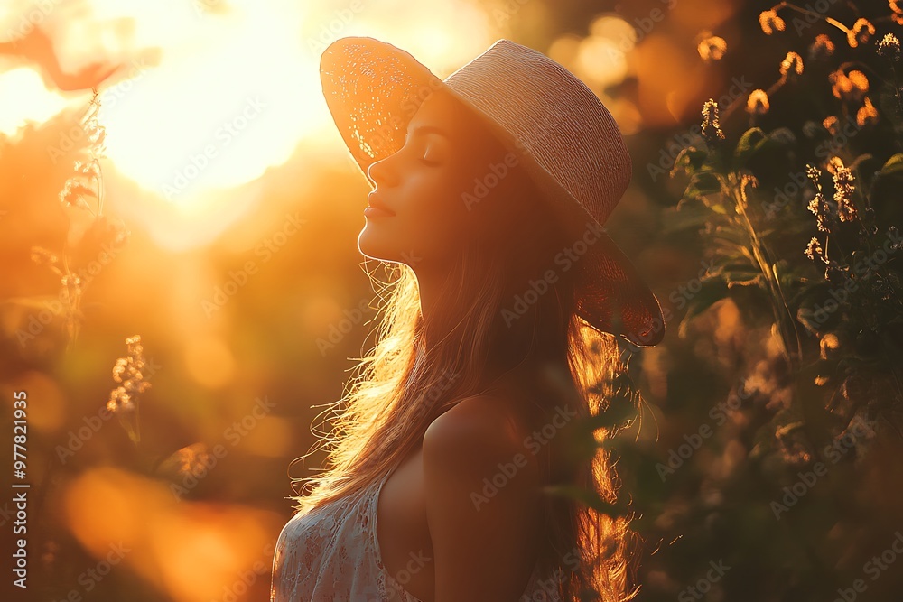 Sticker Young woman in hat with sunlit face looking up in the summer