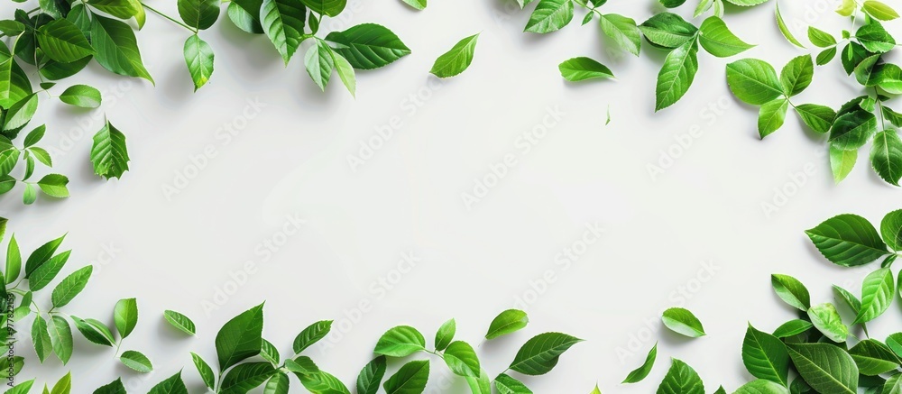Canvas Prints spring backdrop featuring fresh green leaves white background flat lay top view copyspace