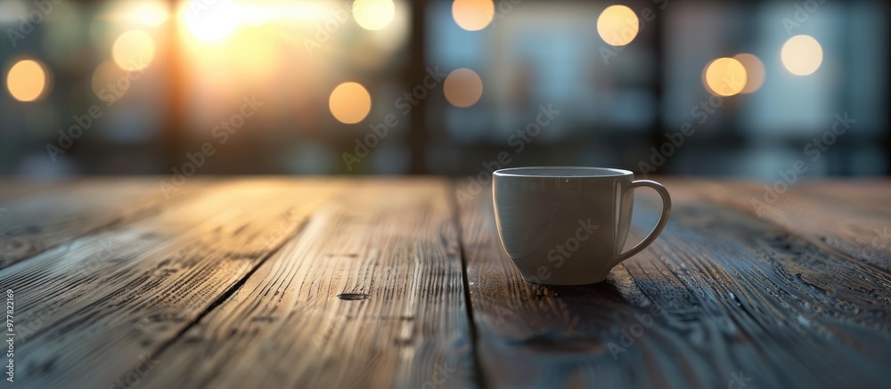 Poster empty cup on a wooden table with a blurred background. copy space image. place for adding text and d
