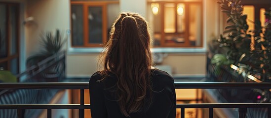 Rear view of a stylish woman posing on a balcony turned around to face the camera Seen from behind is a fashionable Jewish woman standing indoors Represents a leisure secular lifestyle concept Copysp