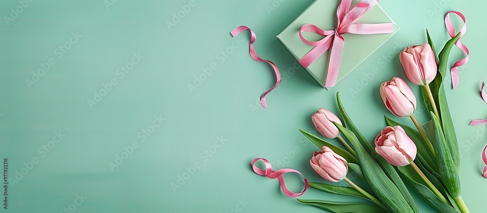 Sticker Flat lay Valentine s Day arrangement featuring pink tulips and a gift box on a light green backdrop. Copy space image. Place for adding text and design