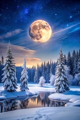 Naklejka premium Winter night landscape with full moon, mountains, and a river