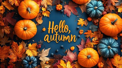 Hello Autumn white chalk lettering on blackboard. Autumn seasonal flat lay photo on wooden background. Hello Autumn inscription with orange leaf frame. Fall season banner template. Yellow leaf texture