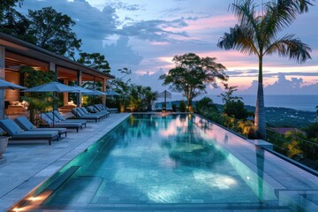 Obraz premium Pool with lounge chairs and umbrellas next to a house, travel concept