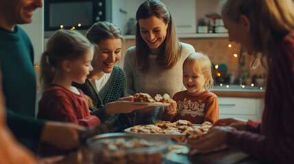Fototapeta premium A family gathered in the kitchen laughing and exchanging small gifts while preparing Christmas cookies together.