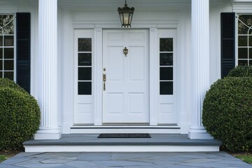 Elegant Exterior Home Entrance with White Front Door and Welcome Mat