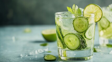 Fototapeta premium Striking cocktail garnished with slices of lime and cucumber, photographed in a studio setting. 