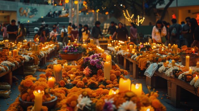 Community Ofrenda with Vibrant Marigolds, Candles, and Traditional Decorations in Modern City Square