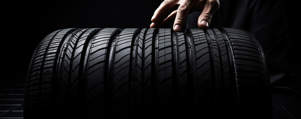 Car mechanic hold a tire detail on black background.