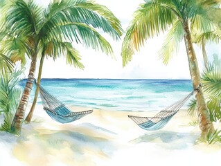 Two hammocks hanging between palm trees on a beach.