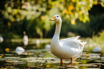 Obraz premium White duck standing in a pond with green lily pads, beautiful sunny day.