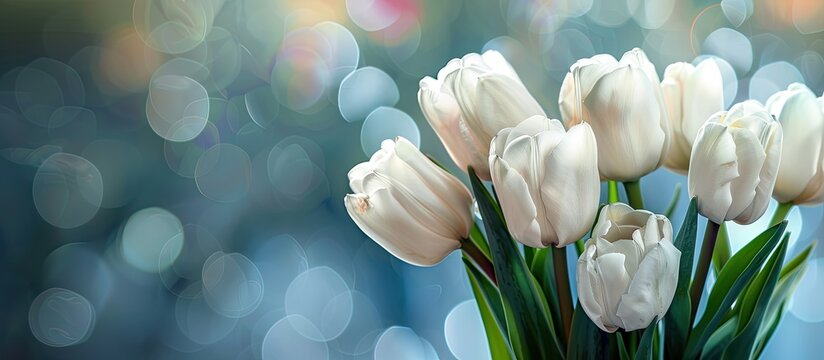 A bouquet of white tulips with a blurred background. Copy space image. Place for adding text and design