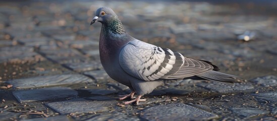 Fototapeta premium Close up of a wild gray dove A wild pigeon is strolling on gray pavement A gray dove is walking along the waterfront. Copy space image. Place for adding text and design