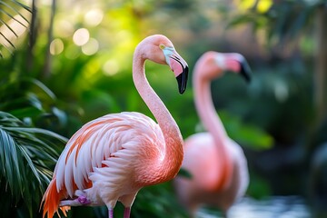 Fototapeta premium Two Pink Flamingos Standing in Tropical Foliage