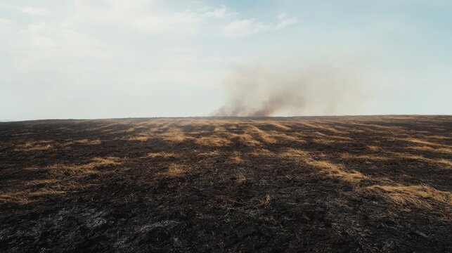 a field that has been ravaged by wildfire, with charred earth and smoldering remains. 