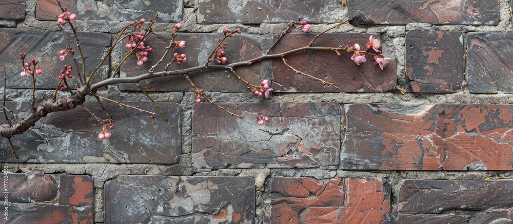 Poster a branch of a flowering tree rests on a brick tile pathway spring theme. copy space image. place for