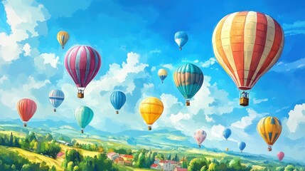 Obraz premium Colorful hot air balloons flying over green landscape.