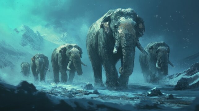 A Herd of Woolly Mammoths Traverse a Snowy Landscape
