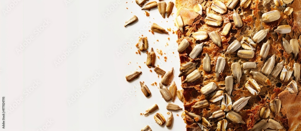 Poster A loaf of bread topped with sunflower seeds set against a white background. Copy space image. Place for adding text and design