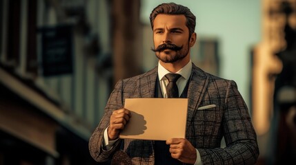 A well-dressed man in a suit and tie with a neatly styled mustache holding a blank sign, standing in an urban setting during golden hour