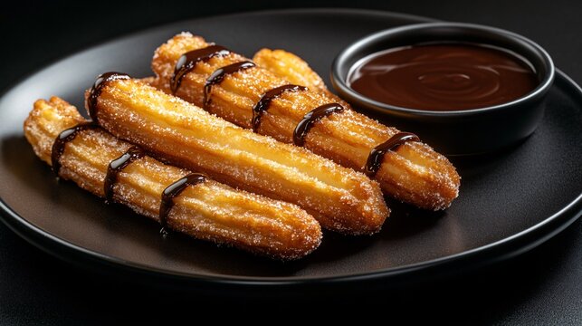 A plate of milk-based churros with a side of chocolate sauce, isolated on a matte black background for a striking, high-contrast presentation