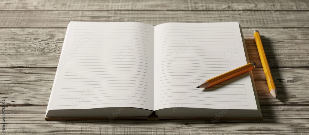Poster notebook or notepad with pencil on the desk. copy space image. place for adding text and design