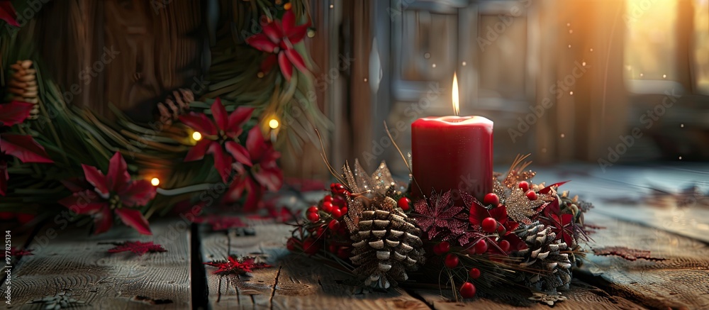 Poster Christmas wreath with a lit candle on a bright wooden table. Copy space image. Place for adding text and design