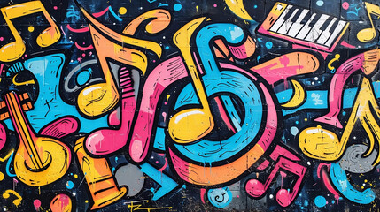 Colorful Graffiti Featuring Music Notes and Instruments